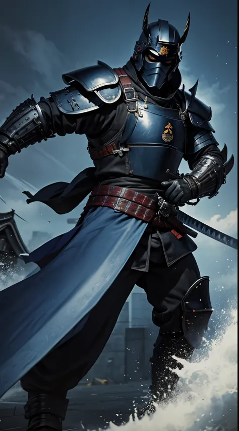 (urban samurai:1.5), (Wearing a Demon Mask), full body, (Armed with a long and large Japan sword), facing front, magnificent artwork, (Kyoto panel painting style), (Wind-effect), (Cloud Effects), (Blue and black modern army military cloth armor:1.5), Full ...