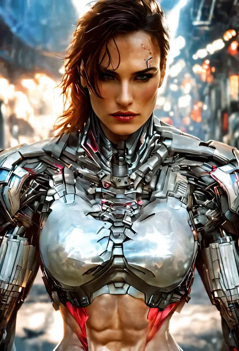 medium shot of a sexy female cyborg wearing scratched and stained futuristic armor in a destroyed futuristic city, fantasia, sci...