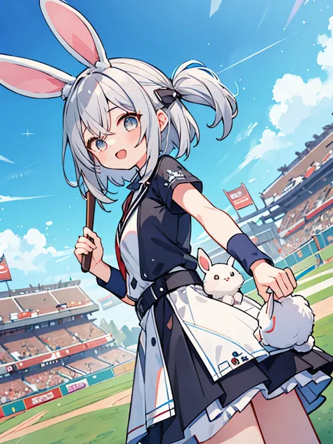 cute, gray hair, baseball, fantasy wonderland, 1 girl, Stinking eyes, Rabbit, dynamic angle, game CG