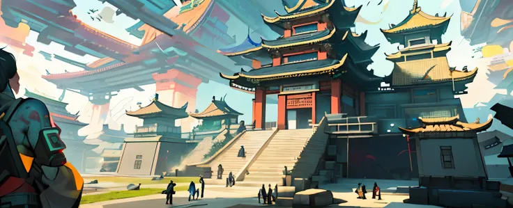 A woman in a kimono looking at a cartoon-style scene with buildings. The scene is inspired by the concept art of a dystopian game called "Overwatch: Assault on the Skyscraper" and features the global illumination technique used by artist Ross Tran. The set...