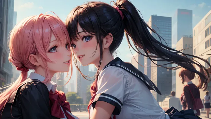 (2 girls:1.2), cute face, shining smile, (ponytail:1.2), (school uniform, mini skirt:1.2), (highest quality: 1.4), (Super detailed), (highest quality:1.4), (super detailed), (anime illustration), very high resolution, (Upper body), close up face, city, roa...