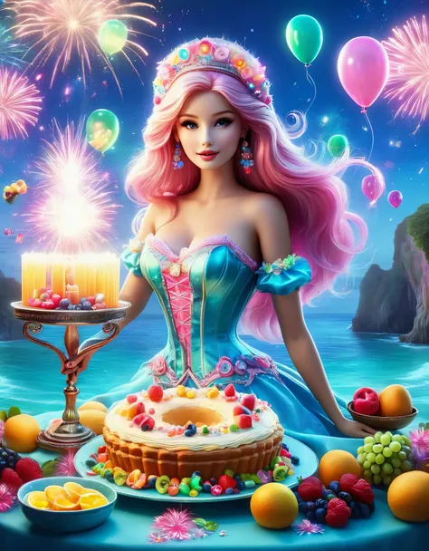 3D rendering of Retro fashion, beautiful Barbie doll in the beach , giant cake, candle, balloon, champagne, night, wine glass, fireworks, fruit, Pixar, pink main color, night,,a beautiful painting by Alphonse Mucha,pixar style,cartoon style,Masterpiece,Pas...