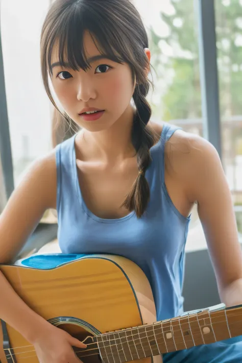 photo of a japanese woman wearing white clothes (sheer tank top:1.4) , (side boob),  cute, shyness, 14 years old, (((thin sexy c...