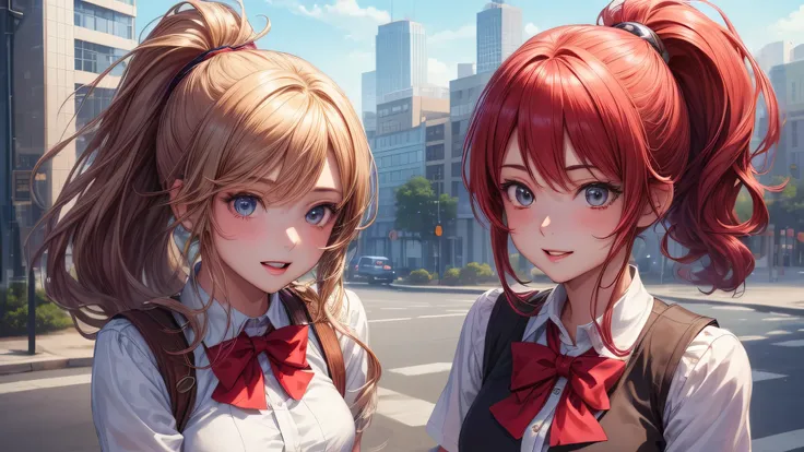 (2 girls:1.2), cute face, shining smile, (ponytail:1.2), (school uniform, mini skirt:1.2), (highest quality: 1.4), (Super detailed), (highest quality:1.4), (super detailed), (anime illustration), very high resolution, (Upper body), close up face, city, roa...