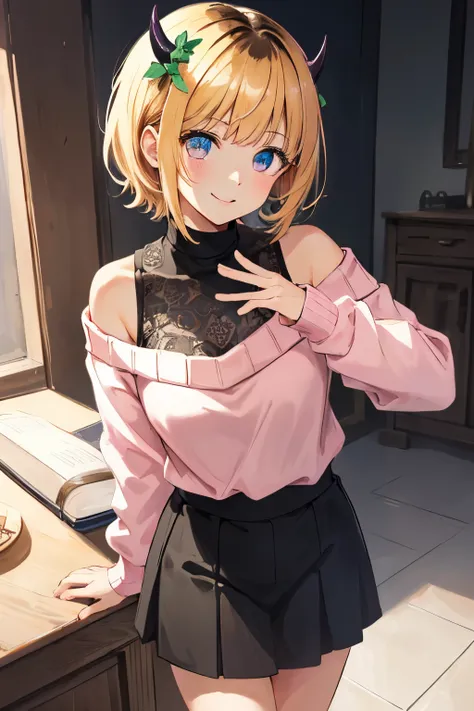 1girl, memcho, blonde hair, blue eyes, blunt bangs, demon horns, short hair,
break bare shoulders, black skirt, (pink sweater:1....