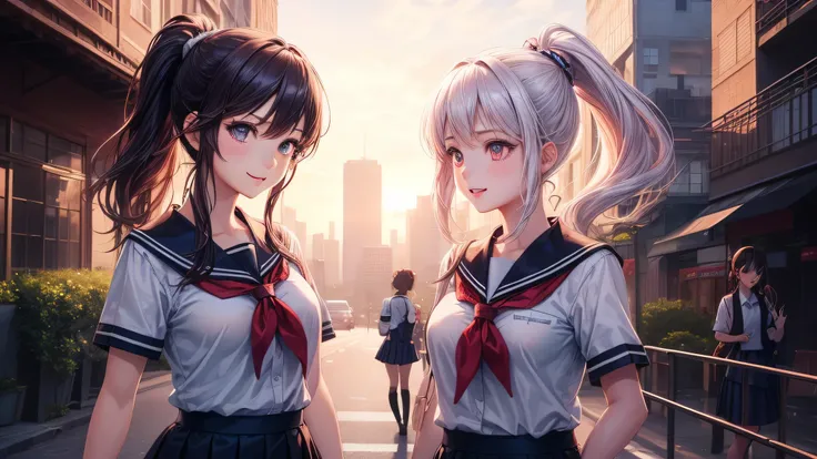 (2 girls:1.2), cute face, shining smile, (ponytail:1.2), (school uniform, mini skirt:1.2), (highest quality: 1.4), (Super detailed), (highest quality:1.4), (super detailed), (anime illustration), very high resolution, (Upper body), close up face, city, roa...