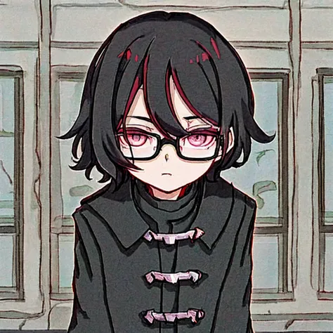 Male, Ash black hair, dark eyes, teen , Black Coat, Glasses, half body picture.