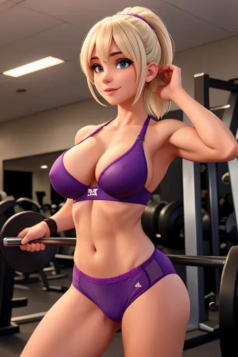 Uma garota sexy com cabelos castanhos, she is training at the gym, she is wearing purple bra and panties, she is pulling her panties 