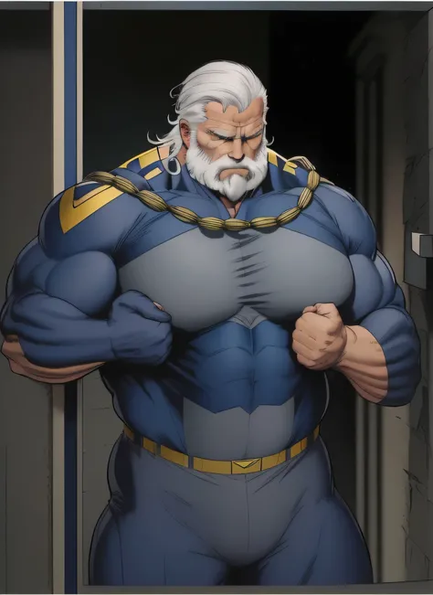 60 years old，burly old man，boundary，，Superheroes, Wearing navy blue and yellow uniform，Imprisoned in a dark research institute，He crossed his arms over his chest, Plump muscle lines，gray blue eyes, white hair，His hands are on his chest，His hands squeezed h...