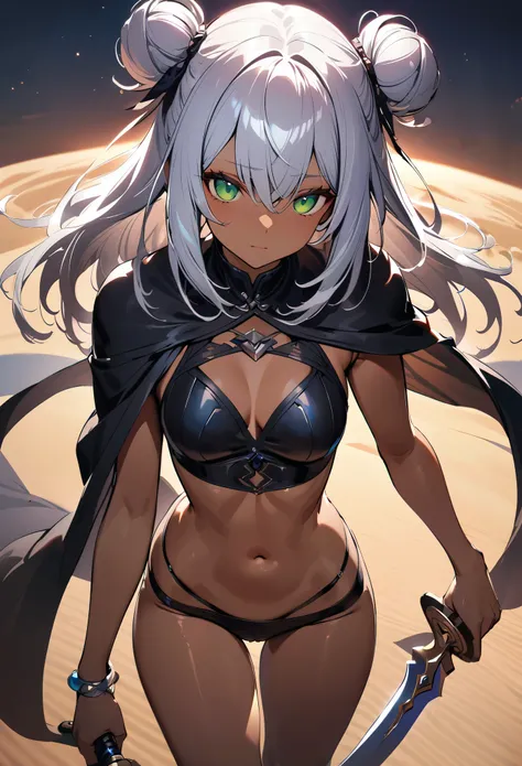 1girl, silver hair (dark skin:1.2) small hair buns, fantasy black croptop, fantasy black thong, black cloak, shawl, holding daggers, green eyes, empty soulless eyes, nighttime desert background, textured skin, UHD, UHD, UHD, UHD, award winning, high detail...