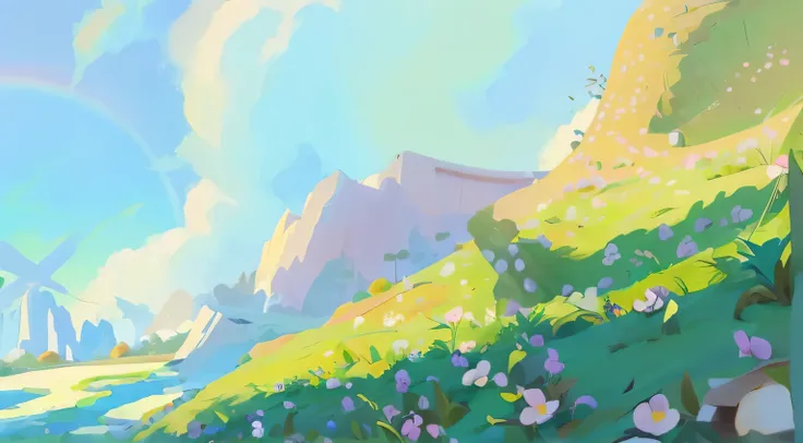 ((4k,masterpiece,best quality))Scenes，grassland，Blue sky and white clouds，flowers，Mountain，green space，fantasy，disney，Q version