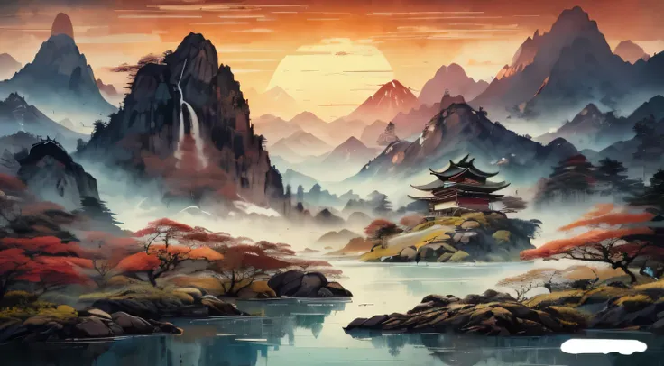 Close-up of a painting with mountains and lake, japanese landscape, Chinese scenery, Japanese art style, Detailed Painting 4K, Detailed Landscape - Width 672, 8k high quality detailed art, Landscape art details, landscape artwork, 3D virtual landscape pain...