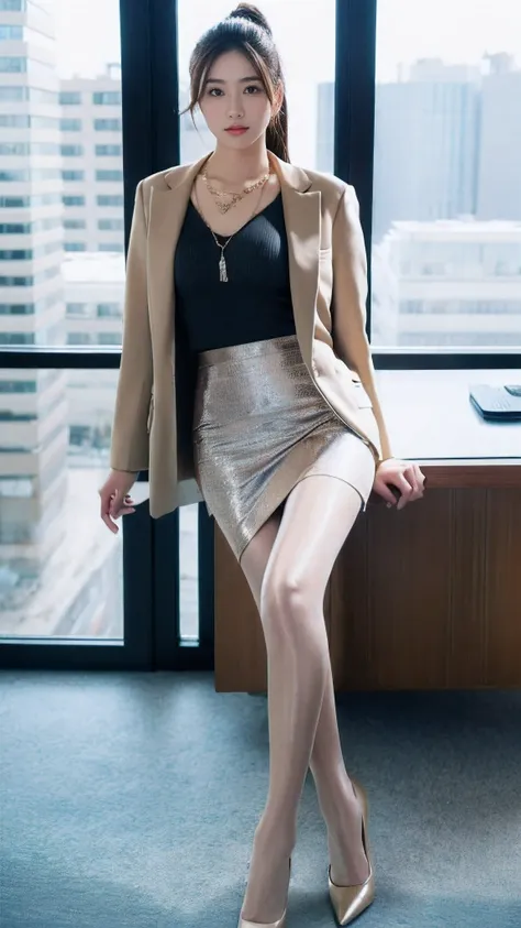 1 girl sitting on an office chair，,(European model:1.3),31 years old,beautifully,business women&#39;clothing,(jacket:1.1),(shirt:1.1),(wrap skirt:1.1),jewelry,knitwear,,color，goosebumps,goosebumps，（Fidelity：1.3），filigree，quality，（masterpiece：1.2），（Fidelity...