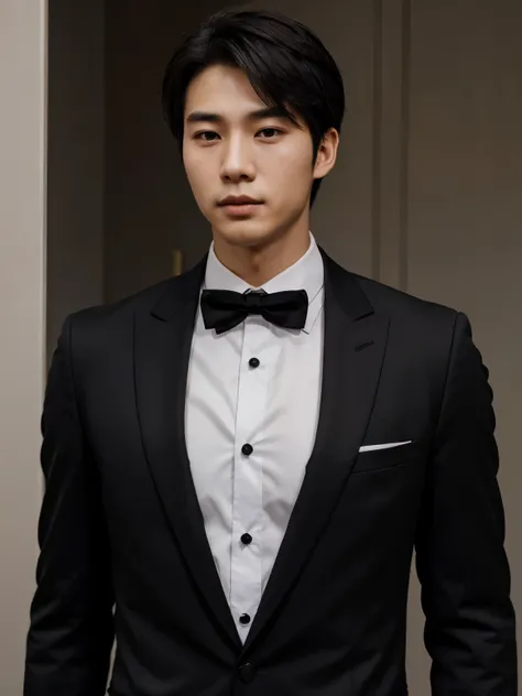 a handsome 27 year old Korean young man wearing a black suit