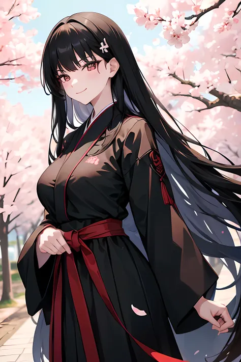 long hair, black hair, Rio, cherry blossom trees in background, wearing black hakama, absurdres, high res, ultrasharp, 8K, masterpiece, sharp detailed black eyes, medium breast, smile