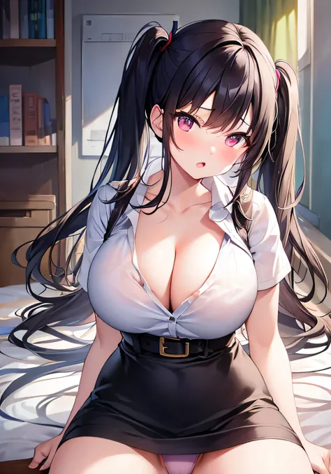 masterpiece、best image quality、ultra high resolution、NSFW、teenage girl with big breasts、twin tail hairstyle、black hair、red face、shyly、Open your mouth just a little、White shirt with cleavage visible、pencil skirt、waist belt、spread your legs wide、light pink p...