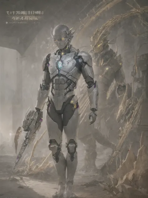 advanced bionic mechanism, cyblog, anthro, (dragon), cyborg, male, white body, silver torso, shiny, [whole body], logic, detaile...