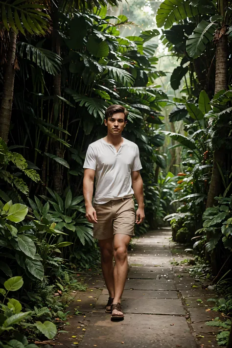 man with short hair walking in rainforest