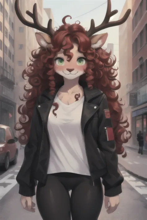 body, whiskers, deer, red hair, (((messy curly hair style))), long hair, fluffy, (antlers), freckles, ((furry)), green eyes, (((blush))), pointy ears, red nose, small breast, in a city, wearing white shirt, black jacket, black leggings, smiling, 4k, master...