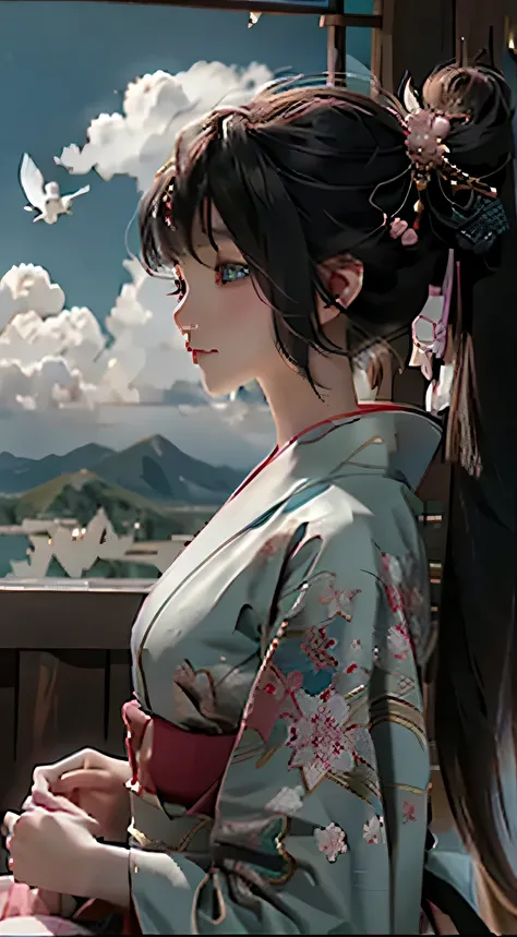 Anime girl wearing kimono sitting on the cloud，birds flying above, anime style 4k, Japanese art style, Beautiful anime, Beautiful anime artwork, Anime Art Wallpaper 4k, Anime Art Wallpaper 4k, anime wallpaper 4k, anime wallpaper 4k, Beautiful anime art, Be...