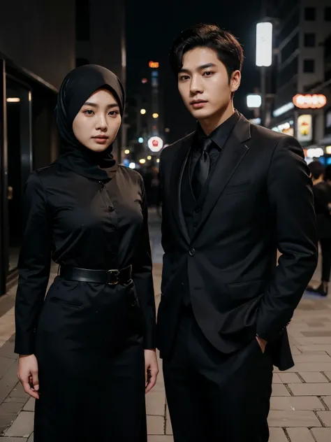 a handsome 27 year old Korean young man wearing a black suit. together with beautiful women wearing hijabs from Indonesia