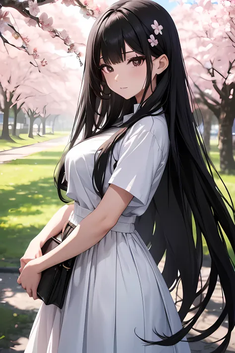 long hair, black hair, rio, cherry blossom trees in background, wearing plain white shirt, long skirt, absurdres, high res, ultr...