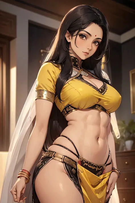 (masterpiece, best quality, detailed illustration, high resolution), ((1girl, solo)), ((huge breasts, slim waist, long legs, fit body, toned body)), ((black hair)), ((yellow saree)), ((full body, closeup view)), ((standing)), ((looking at the viewer, facin...