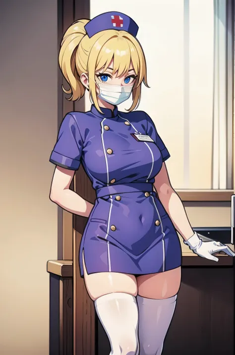 1woman, solo, nurse, white nurse cap, white nurse uniform, ((white legwear, zettai ryouiki)), white gloves, blonde hair, blue ey...