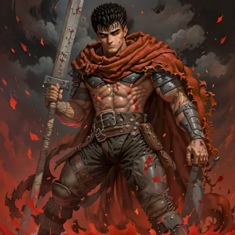 full body image of guts (berserk), 1boy, massive black hair, smiling, teeth, closed mouth, looking at viewer, male focus, one eye closed, red background, scar, scar on face, scar on nose, scarf, short hair, solo, muscular upper body, weapon on back, blood ...