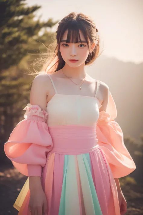 Dried flower、beautiful japanese girl。Creates a high-quality feminine image with an innovative artistic atmosphere that stands out in pastel colors。she has her own fashion style、Wearing bright and soft pastel colored outfits。Against the backdrop of a fantas...