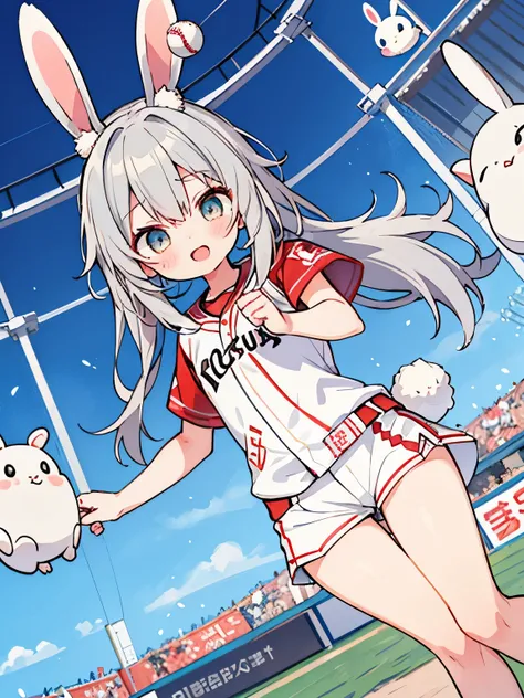 cute, gray hair, baseball, Fukuoka Softbank Hawks, fantasy wonderland, 1 girl, Stinking eyes, Rabbit, dynamic angle, game CG