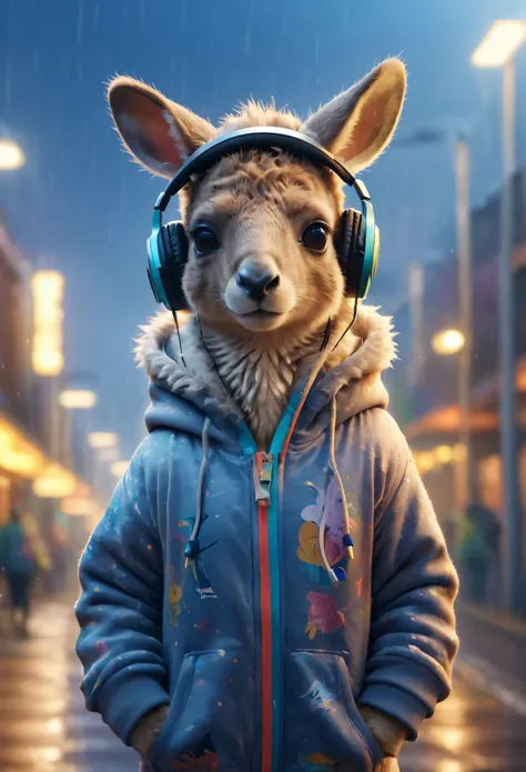 Cute  Australian kangaroo baby with fluffy fur wearing urban outfit, one hoodie and headphones, The background is modern and inorganic, Adorable Digital Painting, 3d rendered, Bright lighting, Vibrant colors,  outside and raining