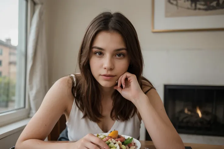 A photograph of a 25 year old woman, comiendo ensalada, mesa redonda de madera, elegante, cara detallada, looking to the camera, retrato, 8k UHD, Alta calidad