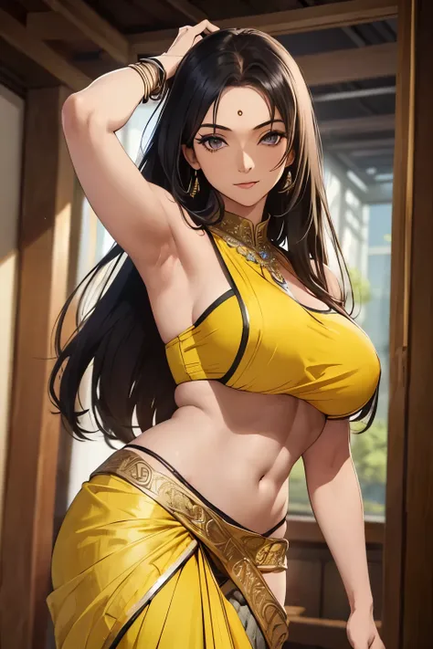 (masterpiece, best quality, detailed illustration, high resolution), ((1girl, solo)), ((huge breasts, slim waist, long legs, fit body, toned body)), ((black hair)), ((yellow saree)), ((full body, closeup view)), ((standing)), ((looking at the viewer, facin...