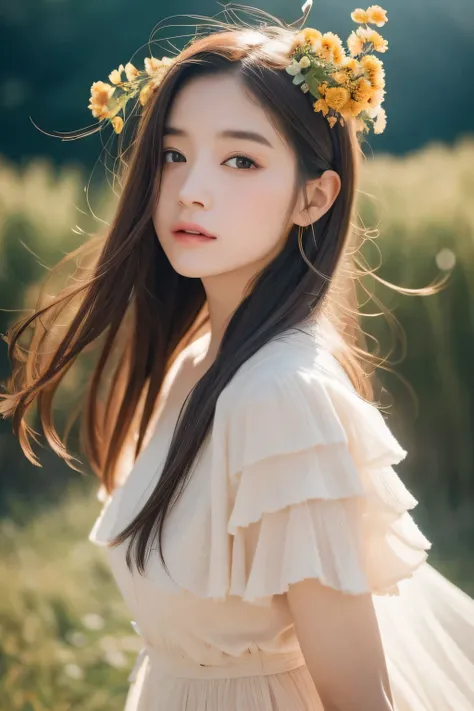 Dried flower、beautiful japanese girl。Generates high-quality female images with a novel and artistic atmosphere。she has her own fashion style、Wear bright and soft clothes。Against the backdrop of a fantastic and magical landscape.、Mixed with light and abstra...