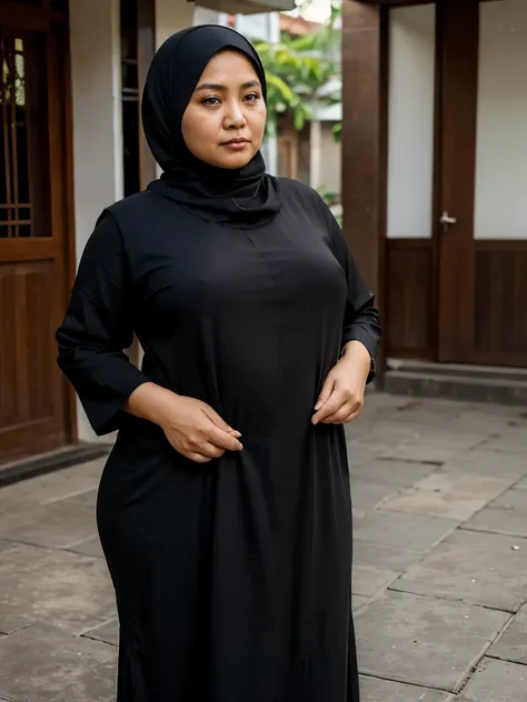 woman wearing a black hijab from Indonesia, 60 years old, fat, dressed