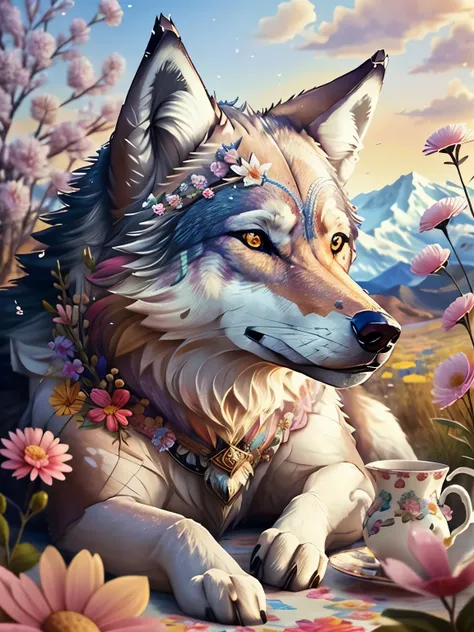 A lifelike image of a wise and brave wolf adorned with vibrant colorful flowers stickers, muted background, whimsical, , photorealistic, playful tea party scene, ultra detailed, hyper realistic, radiant sunlight, 4K.

A lifelike image of a wise and brave w...