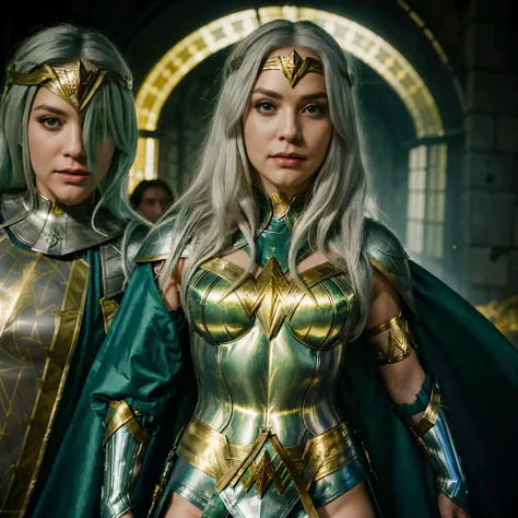 Wonder Woman with green pupils, long bluish white hair, confident expression, wearing beautiful silver armor with golden patterns all over the armor, exuding a dark yellow glow, In the background, a medieval castle