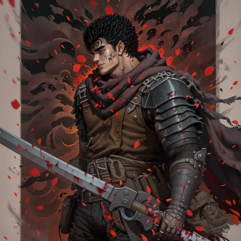 full body image of guts (berserk), 1boy, massive black hair, smiling, teeth, closed mouth, looking at viewer, male focus, one eye closed, red background, scar, scar on face, scar on nose, scarf, short hair, solo, muscular upper body, weapon on back, blood ...