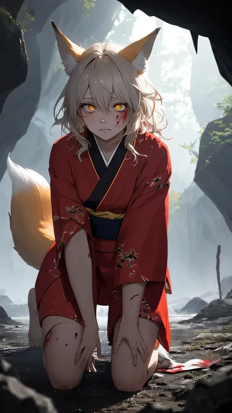 (masterpiece, best_quality, ultra-detailed, immaculate:1.3), portrait, upper body, detailed face, detailed hands, ((1girl:1.15)), epic, kitsune, ((9 tail fox)), foxgirl, japanese spirit, ((beautiful red kimono)), ((damaged, bloody, Injured, action pose)), ...