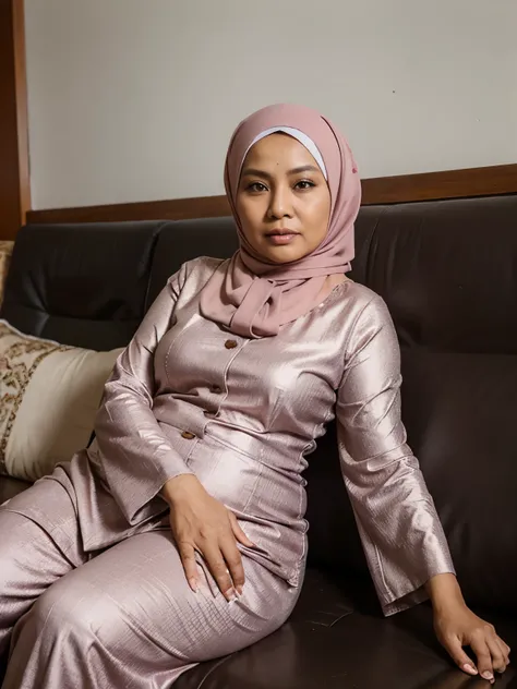 woman wearing a hijab from Indonesia, 60 years old, fat, kebaya, sitting on the sofa