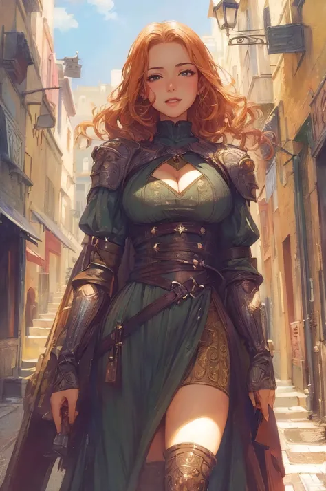 (best quality, masterpiece:1.2), perfect body, large breasts, cleavage, wide hips, big gorgeous eyes, full luscious lips, smile, parted lips, random avant garde fashion, walking pose, city streets, modern medieval, clean lines, vibrant, anime realism by ar...