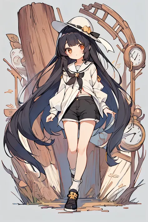 highest quality、masterpiece、full body figure、(anime style)、absurd、High resolution、beautiful background、black hair、straight hair、long hair、()、(可愛いpetiteな女の子、、12 year old girl:1.5)、clear、Ladylike、Lady、(Chino Shorts:1.5)、Mature look、smile