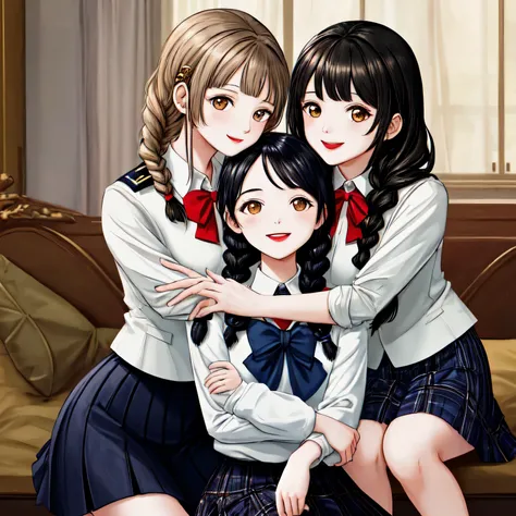 highest quality, (masterpiece:1.2), very detailed, caravaggio style, Three girls are hugging something important, Open your mouth with lipstick on it, nice smile, brown eyes, (((black hair))), 17 years old, long braids, big shiny hair clip, school uniform,...