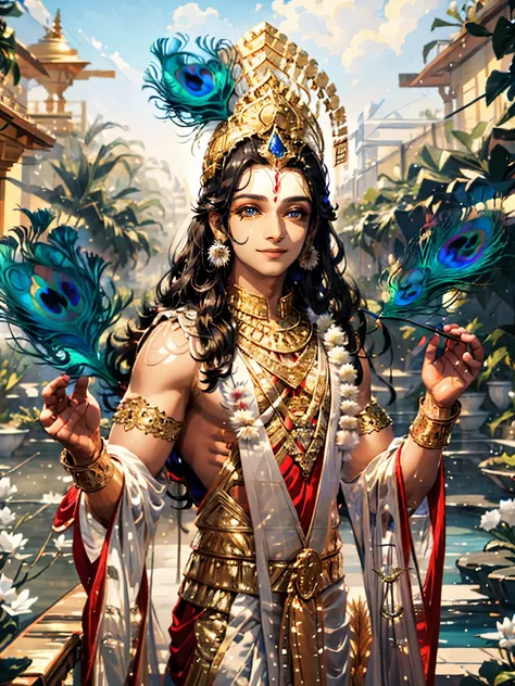 krishna , loving man , beautiful glitter eyes , blue skin tone , smiling , divine nature, holding flutes in his hands, peacock f...