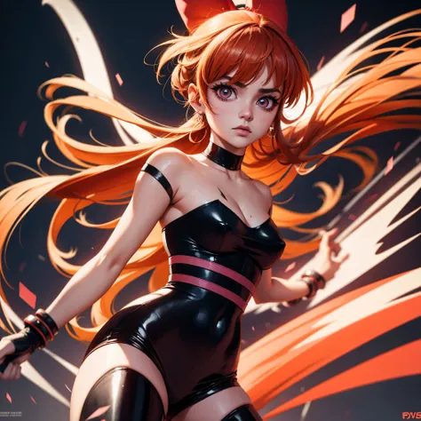 blossom from powerpuff girls as a violent mature themed action anime, sexy powerpuff girls anime, bloody battle damage and wear,...