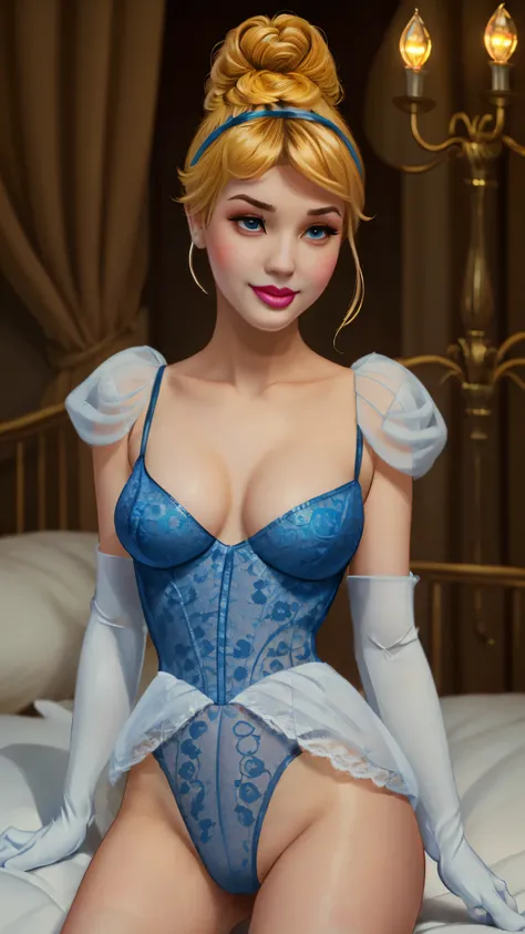 1girl, (CinderellaWaifu), (blonde hair), (single high bun), (lacy blue lingerie), gloves, jewelry, (laying on back), (on bed), victorian palace, (bedroom), gold curtains, balcony, (candelabra), medium breasts, looking at viewer, closed mouth, smile, beauti...