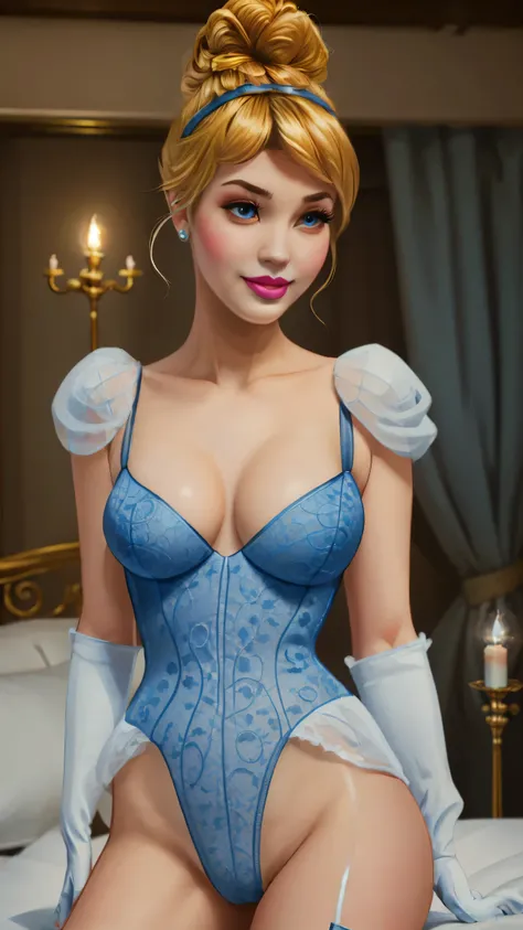 1girl, (CinderellaWaifu), (blonde hair), (single high bun), (lacy blue lingerie), gloves, jewelry, (laying on back), (on bed), victorian palace, (bedroom), gold curtains, balcony, (candelabra), medium breasts, looking at viewer, closed mouth, smile, beauti...