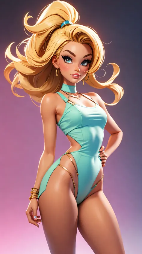 3DCHARACTER, 1 , mulher adulta, sardas, hazelnut eyes, Frohawk blond, Jammers, (corpo inteiro: 1.2), fundo simples, obra-prima, melhor qualidade, (fundo gradiente) cabelos blond Feliz, pastel hues, Estilo barbie fashion, artista