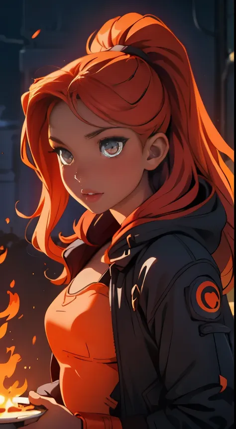 A young girl, with flames for hair, shes a model, shes wearing a fashion dress, shes 15, her eyes are orange, Her hair is on fire, her hair is shivering flames, just like lina in dota 2, fire, her hair is pure fire, she is black, has dark skin